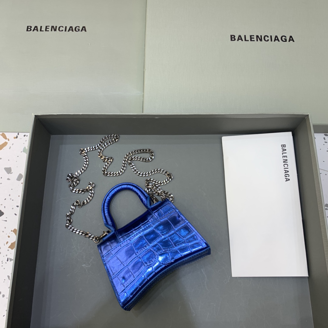 Balenciaga Hourglass Mini Handbag With Chain Crocodile Embossed Shoulder Bag Blue